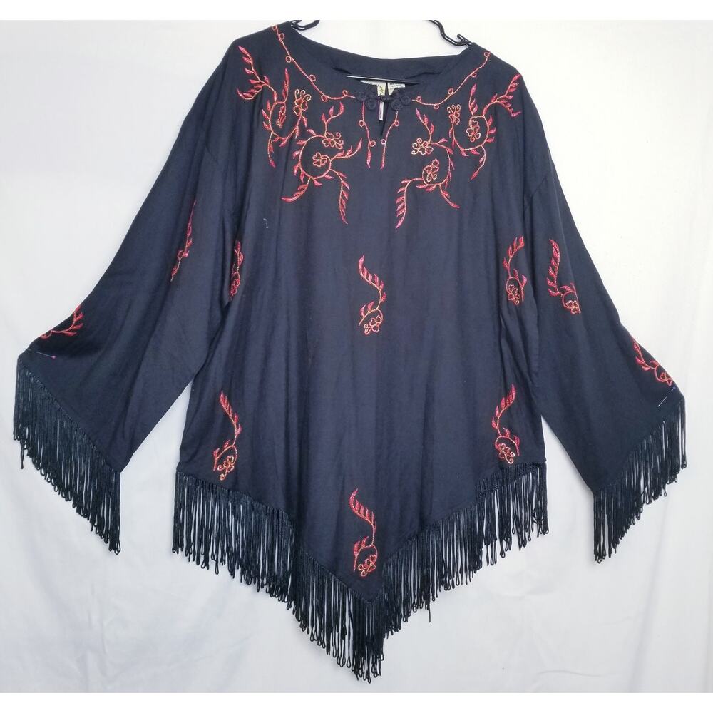 Original Anthony Blouse Women's Black Embroidery Long Sleeve Fringe Tunic Size S